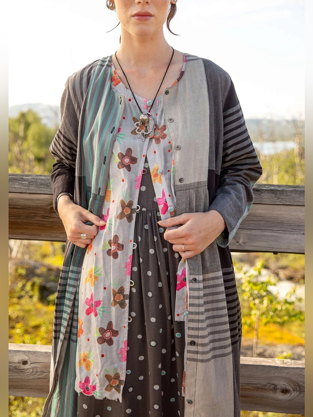 Gudrun Sjoden Woven Tunic or Dress in Gray with Pink Accents Lighweight - Picture 2 of 9